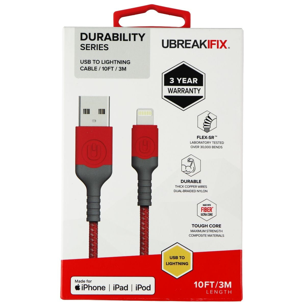 UBREAKIFIX Durability Series USB to Lightning 8-Pin Cable (10FT) - Red Cell Phone - Cables & Adapters UBREAKIFIX - Simple Cell Bulk Wholesale Pricing - USA Seller
