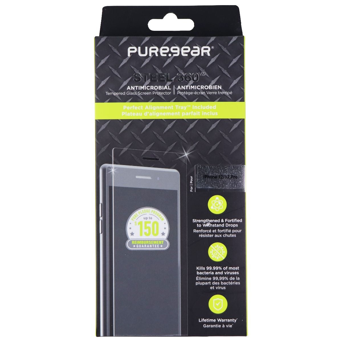 PureGear Steel 360 Tempered Glass Protector for Apple iPhone 12 Pro / iPhone 12 Cell Phone - Screen Protectors PureGear - Simple Cell Bulk Wholesale Pricing - USA Seller