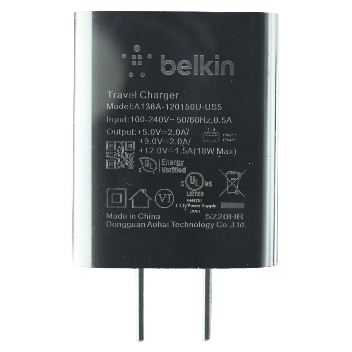 Belkin Single USB 18W (12V/1.5A) Adaptive Wall Charger - Black A138A-120150U-US5 Cell Phone - Chargers & Cradles Belkin - Simple Cell Bulk Wholesale Pricing - USA Seller