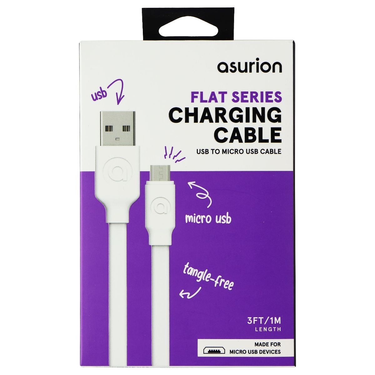 Asurion (3-Ft) Flat Series Micro-USB to USB Charging Cable - White Cell Phone - Cables & Adapters Asurion - Simple Cell Bulk Wholesale Pricing - USA Seller