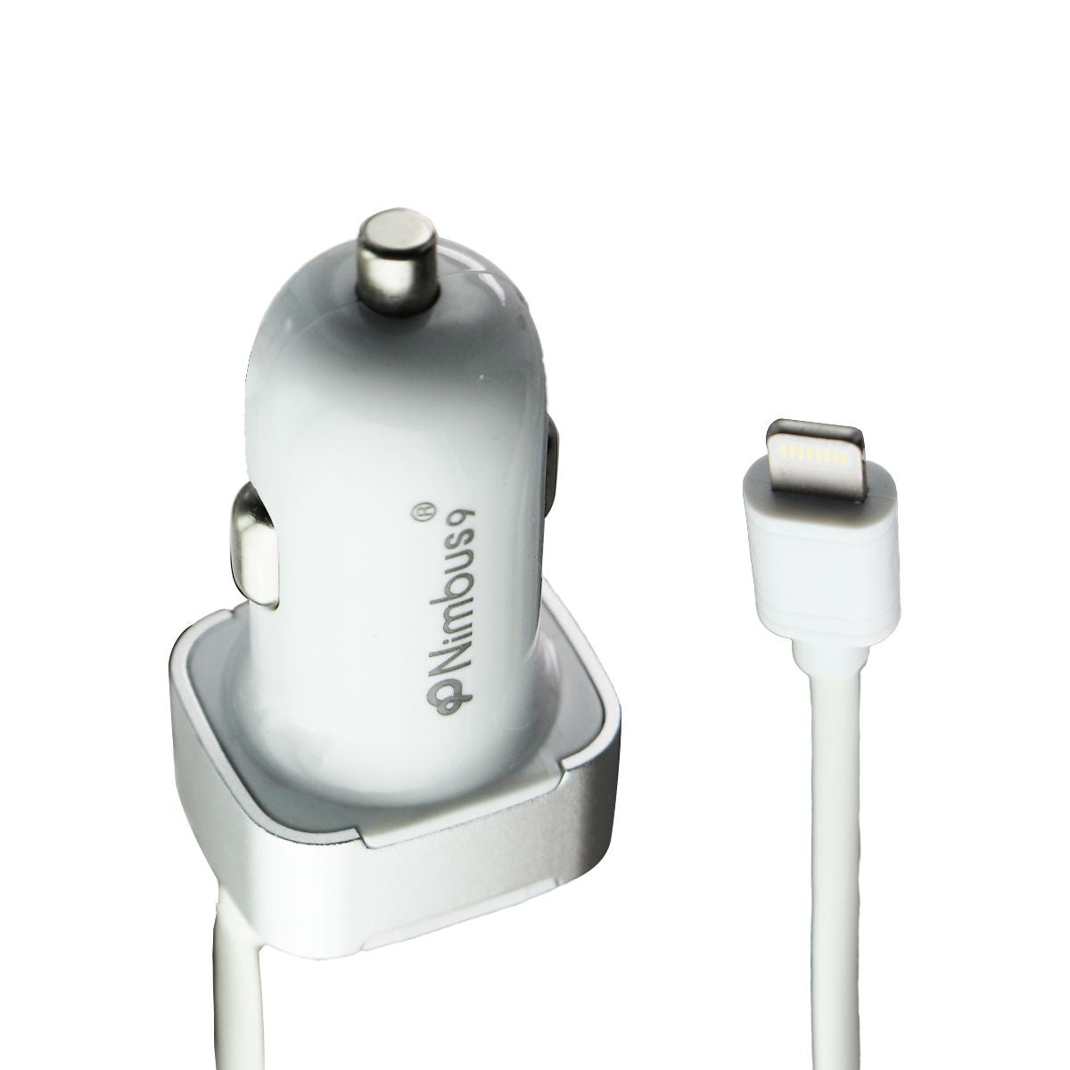 Nimbus9 Car Charger with 8-Pin Connecter Cable (6FT) and USB Port - White/Silver Cell Phone - Chargers & Cradles Nimbus9 - Simple Cell Bulk Wholesale Pricing - USA Seller