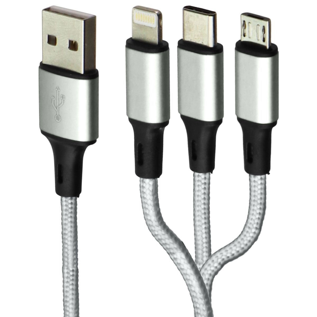 Zoda 3-in-1 USB-C/Lightning 8-Pin/Micro USB Braided Cable (4FT) - Silver Cell Phone - Cables & Adapters Zoda - Simple Cell Bulk Wholesale Pricing - USA Seller