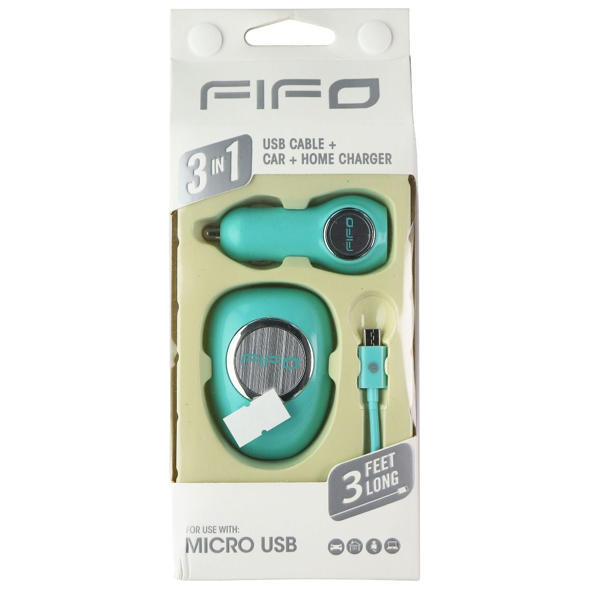 FIFO 3-in-1 Car + Wall USB Charger and 3-Ft Micro-USB Cable Combo - Teal Cell Phone - Chargers & Cradles FIFO - Simple Cell Bulk Wholesale Pricing - USA Seller