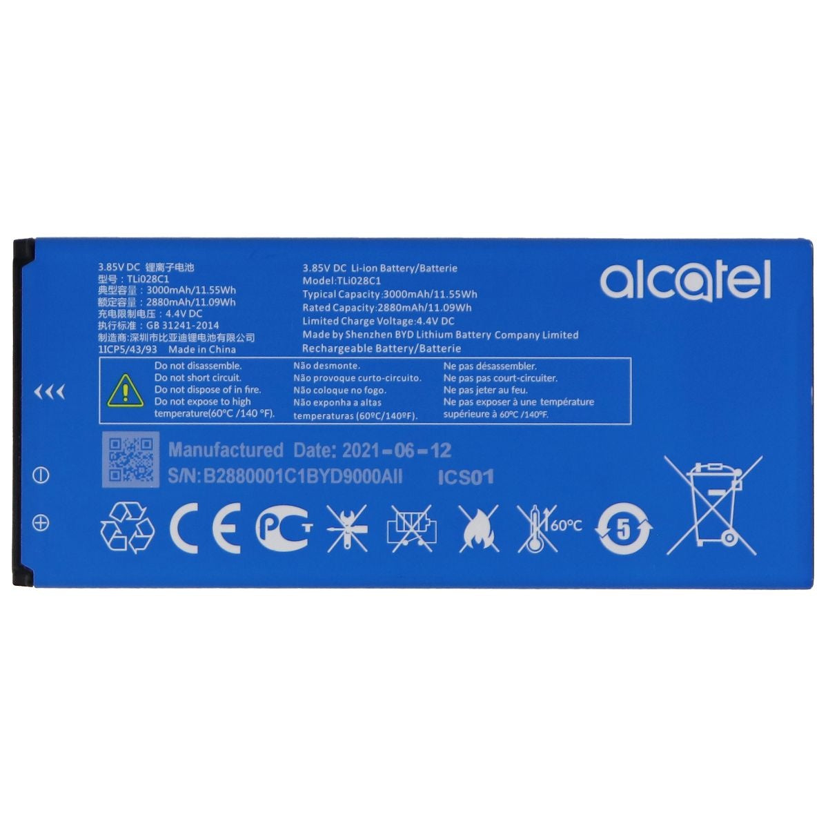 Alcatel Replacement 3000mAh / 3.85V Li-ion Battery for Alcatel (TLi028C1) Cell Phone - Batteries Alcatel - Simple Cell Bulk Wholesale Pricing - USA Seller