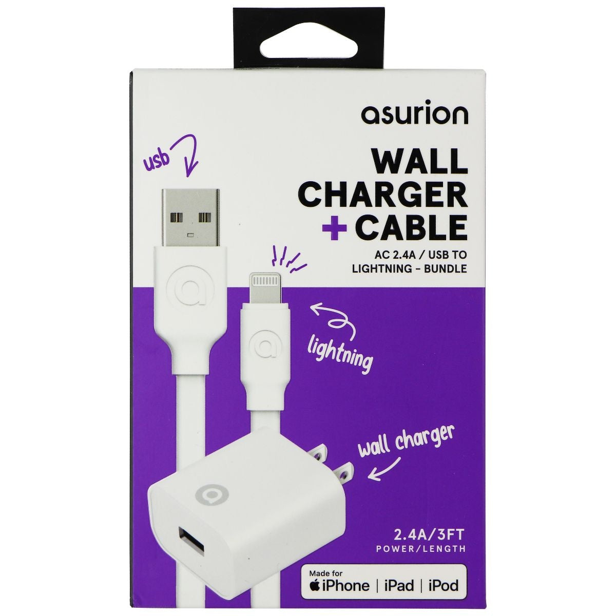 Asurion 2.4A Wall Adapter + Lightning 8-Pin to USB Cable (3-Ft) - White Cell Phone - Chargers & Cradles Asurion - Simple Cell Bulk Wholesale Pricing - USA Seller
