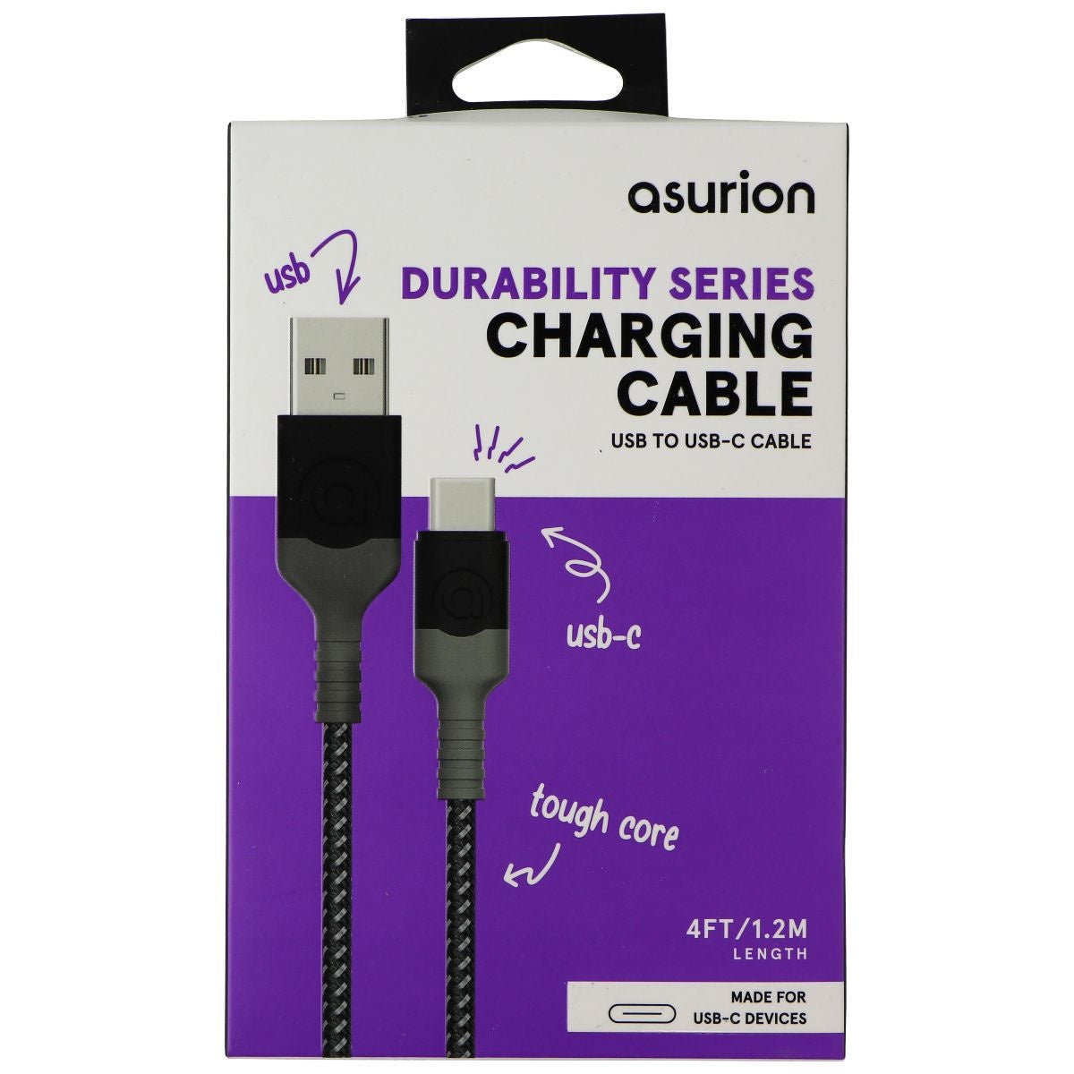 Asurion Durability Series (4-Ft) USB-C to USB Braided Charging Cable - Black Cell Phone - Cables & Adapters Asurion - Simple Cell Bulk Wholesale Pricing - USA Seller