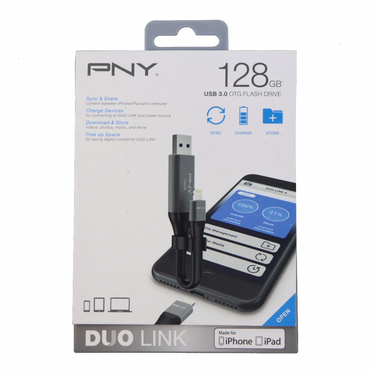 PNY 128GB Duo Link USB 3.0 On the Go Flash Drive for iPhone and iPads Digital Storage - USB Flash Drives PNY - Simple Cell Bulk Wholesale Pricing - USA Seller