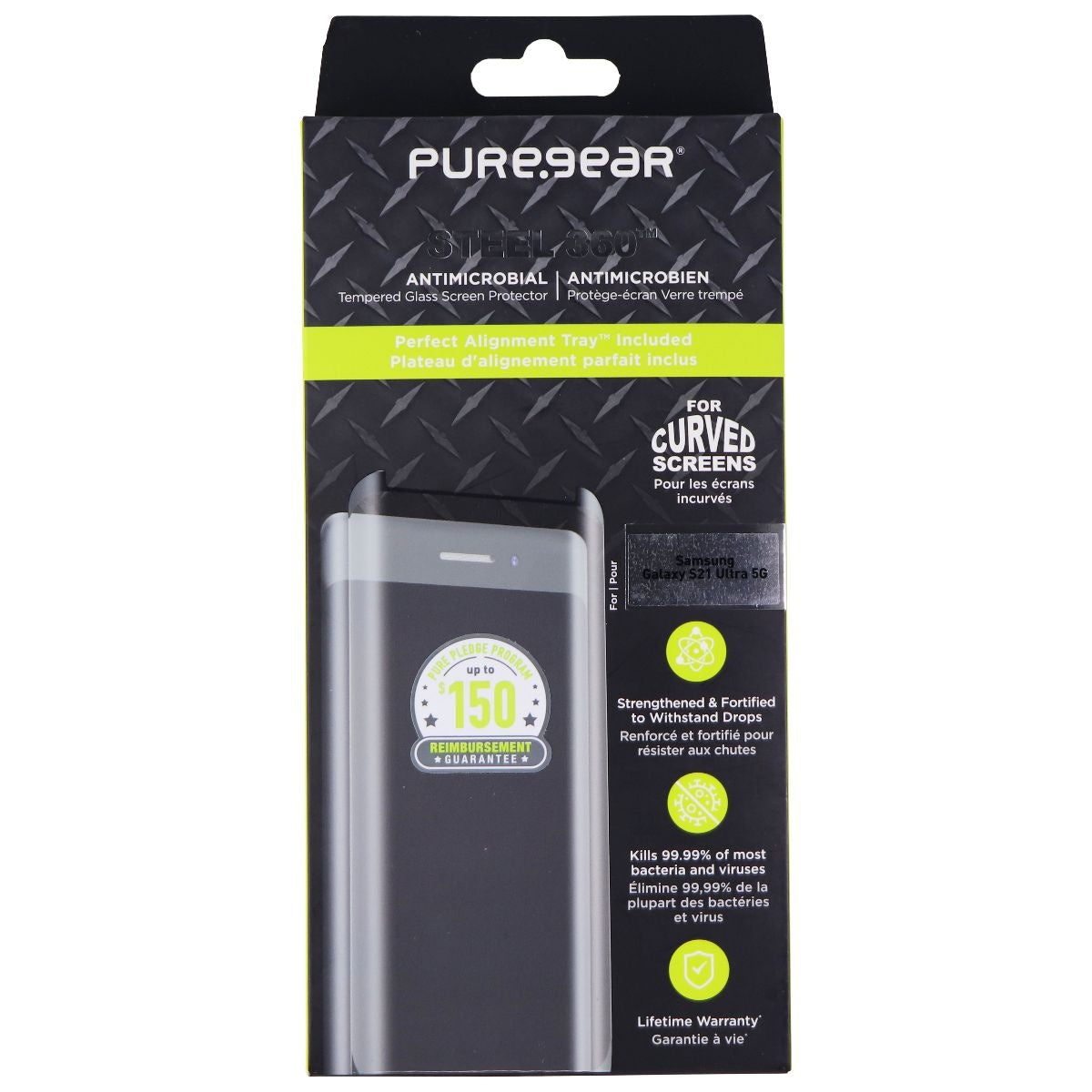 PureGear Steel 360 Tempered Glass Protector for Samsung Galaxy S21 Ultra 5G Cell Phone - Screen Protectors PureGear - Simple Cell Bulk Wholesale Pricing - USA Seller