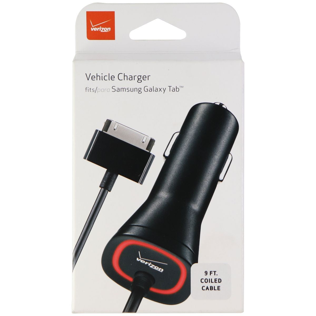 Verizon 9-Foot Coiled Cable Car Charger for Samsung Galaxy Tab 30-Pin - Black Cell Phone - Chargers & Cradles Verizon - Simple Cell Bulk Wholesale Pricing - USA Seller