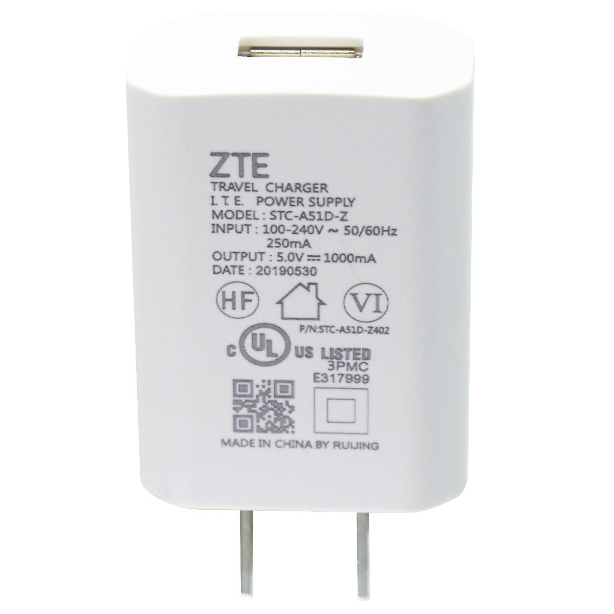 ZTE 5V/1A Single USB Wall Charger Travel Adapter - White (STC-A51D-Z) Cell Phone - Chargers & Cradles ZTE - Simple Cell Bulk Wholesale Pricing - USA Seller