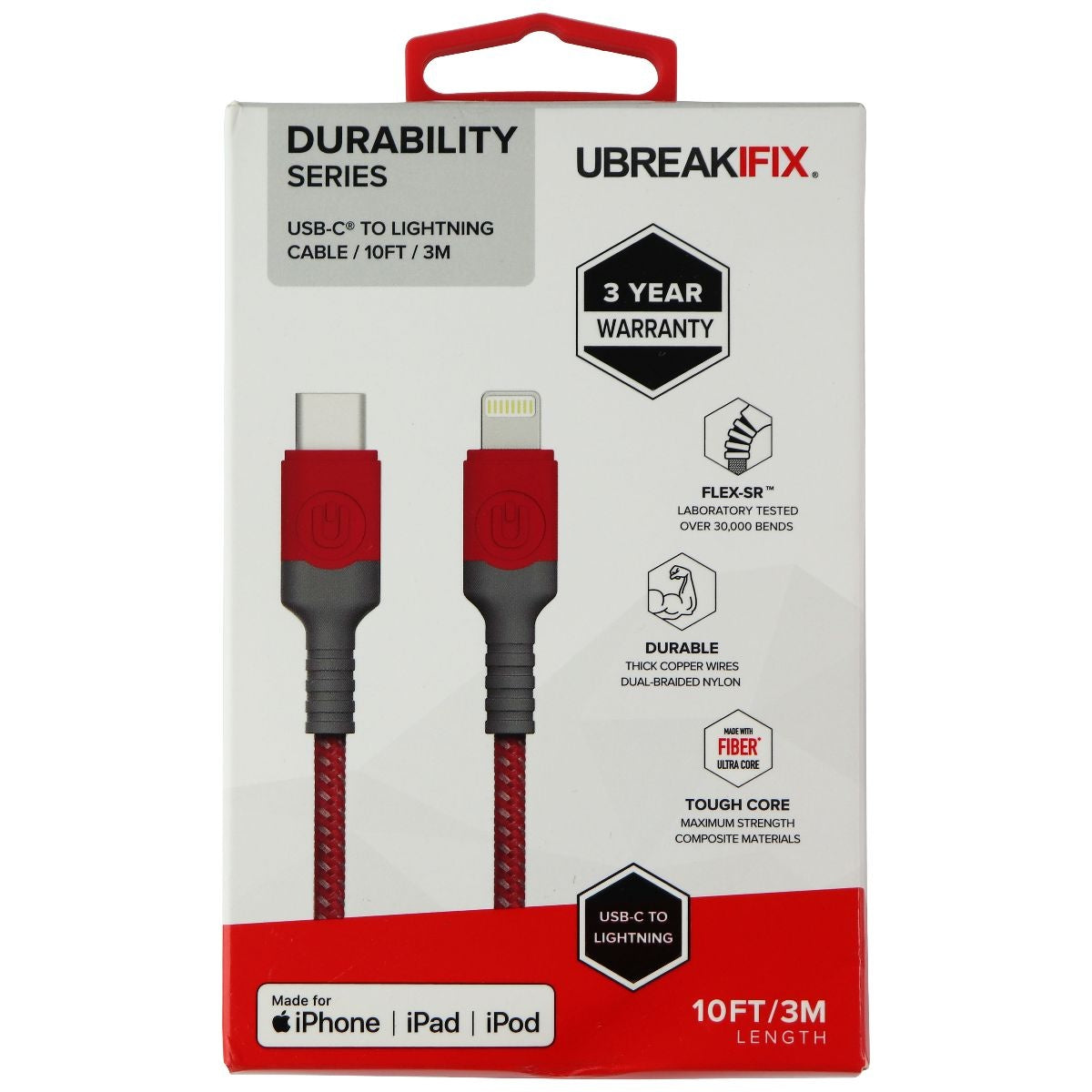 UBREAKIFIX (10-Ft) Durability USB-C to 8-Pin Cable for iPhone/iPad - Red Cell Phone - Cables & Adapters UBREAKIFIX - Simple Cell Bulk Wholesale Pricing - USA Seller