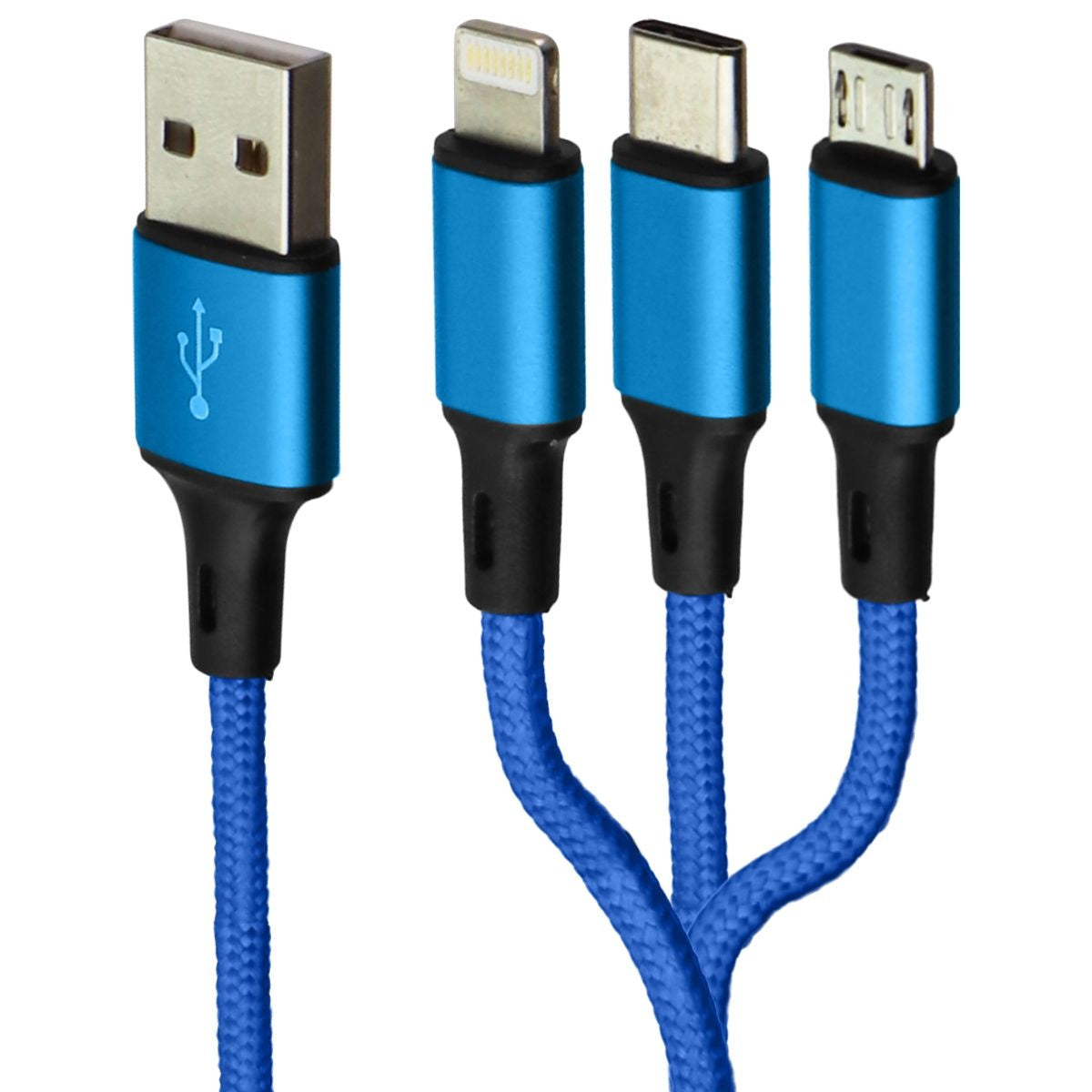 Zoda 3-in-1 USB-C/Lightning 8-Pin/Micro USB Braided Cable (4FT) - Neon Blue Cell Phone - Cables & Adapters Zoda - Simple Cell Bulk Wholesale Pricing - USA Seller