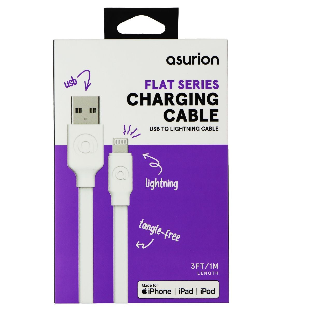 Asurion (3-Ft) Flat Lightning 8-Pin to USB MFi Cable for iPhone - White Cell Phone - Cables & Adapters Asurion - Simple Cell Bulk Wholesale Pricing - USA Seller