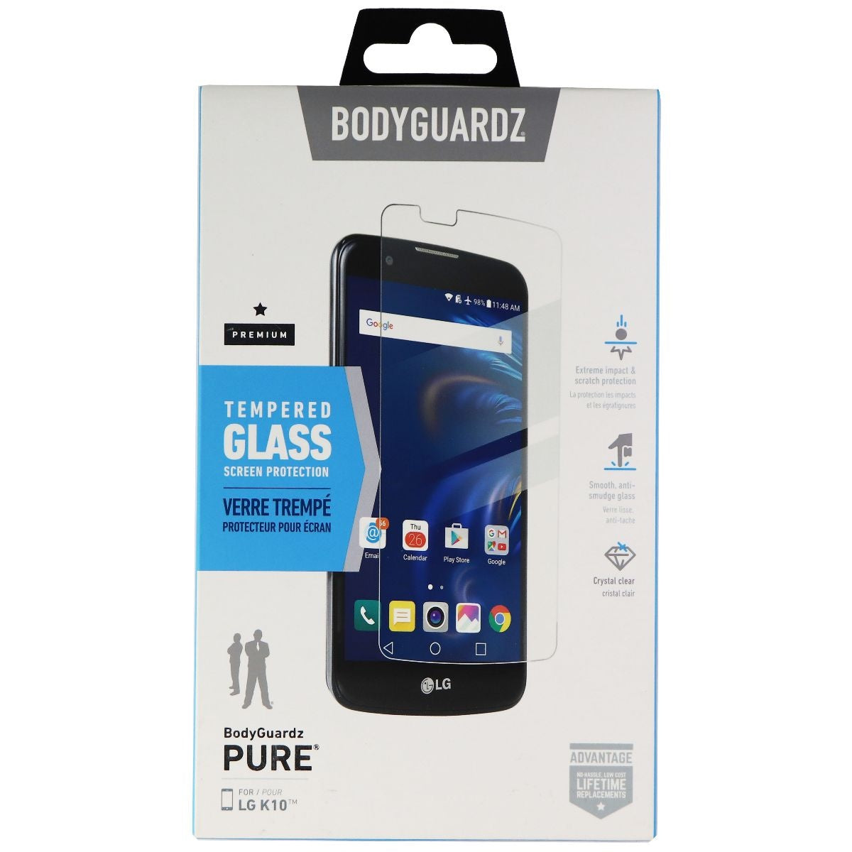 BodyGuardz Pure series Tempered Glass Screen Protector for LG K10 (2016) - Clear Cell Phone - Screen Protectors BODYGUARDZ - Simple Cell Bulk Wholesale Pricing - USA Seller