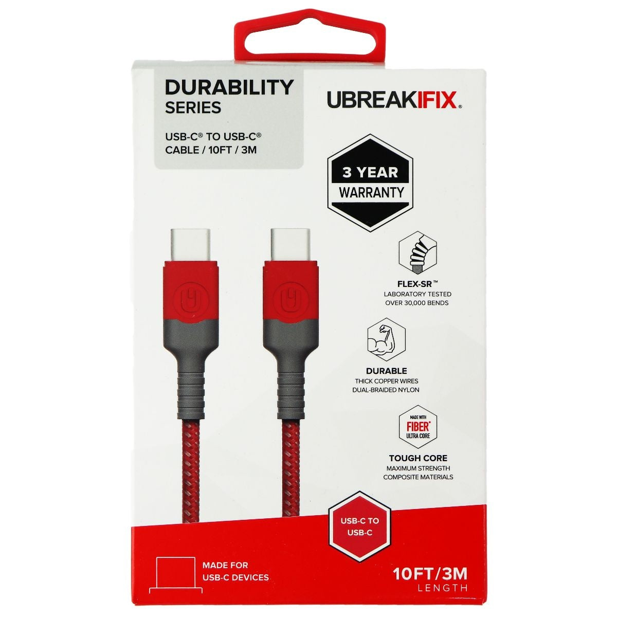 UBREAKIFIX (10-Ft) Durability Series USB-C to USB-C Braided Cable - Red Cell Phone - Cables & Adapters UBREAKIFIX - Simple Cell Bulk Wholesale Pricing - USA Seller