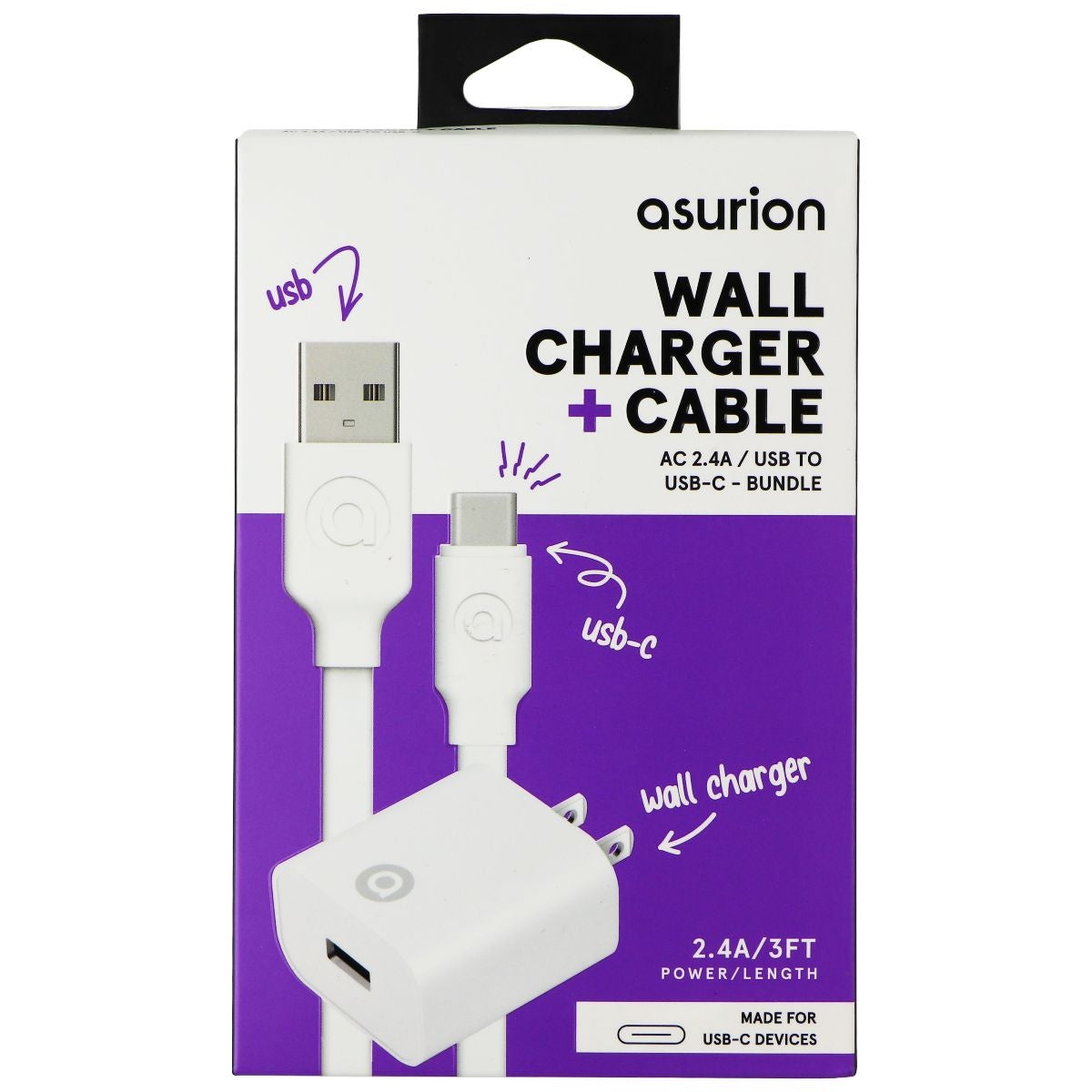 Asurion (2.4A) USB-A Wall Adapter with (3-Foot) USB-C Cable - White Cell Phone - Chargers & Cradles Asurion - Simple Cell Bulk Wholesale Pricing - USA Seller