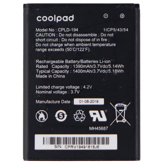 Coolpad OEM Rechargeable 3.7V 1390/1400mAh Battery - Black (CPLD-194) Cell Phone - Batteries Coolpad - Simple Cell Bulk Wholesale Pricing - USA Seller