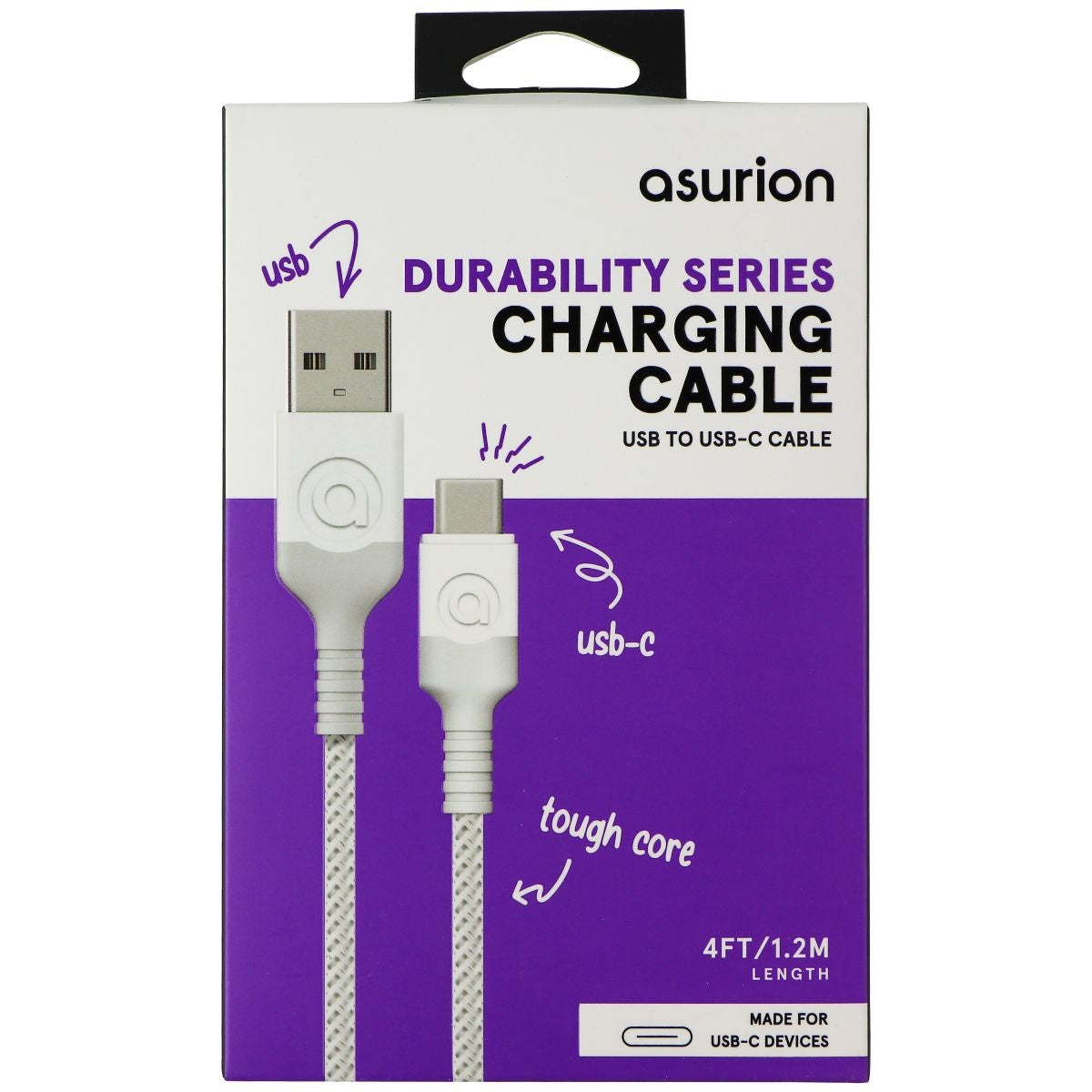 Asurion (4-Ft) USB-C to USB Braided Charge/Sync Cable - White Cell Phone - Cables & Adapters Asurion - Simple Cell Bulk Wholesale Pricing - USA Seller