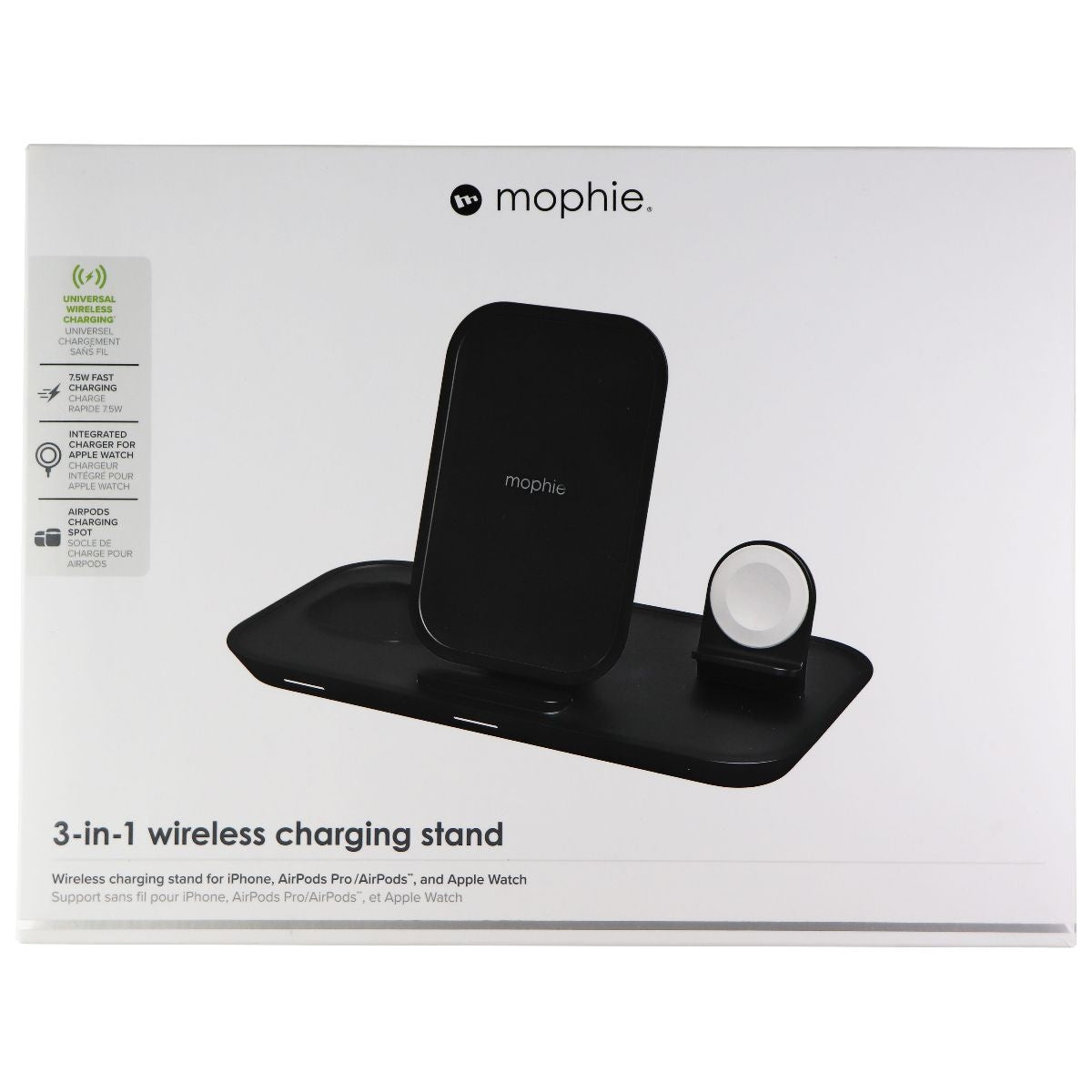 mophie (7.5W) Universal 3 in 1 Wireless Charging Stand for Apple Devices - Black Cell Phone - Chargers & Cradles Mophie - Simple Cell Bulk Wholesale Pricing - USA Seller
