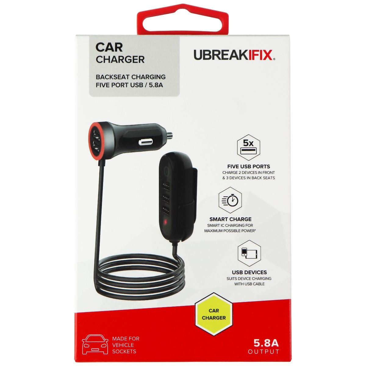 UBREAKIFIX 5 Port USB Car Charger (5.8A) - Black Cell Phone - Chargers & Cradles UBREAKIFIX - Simple Cell Bulk Wholesale Pricing - USA Seller