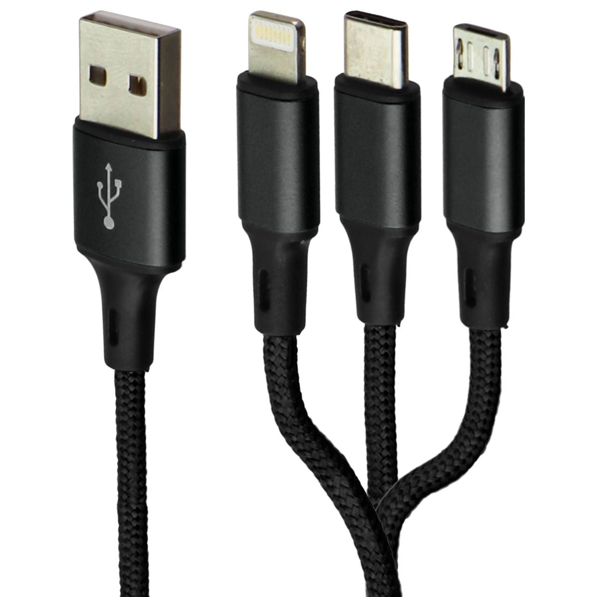 Zoda 3-in-1 USB-C/Lightning 8-Pin/Micro USB Braided Cable (4FT) - Black Cell Phone - Cables & Adapters Zoda - Simple Cell Bulk Wholesale Pricing - USA Seller