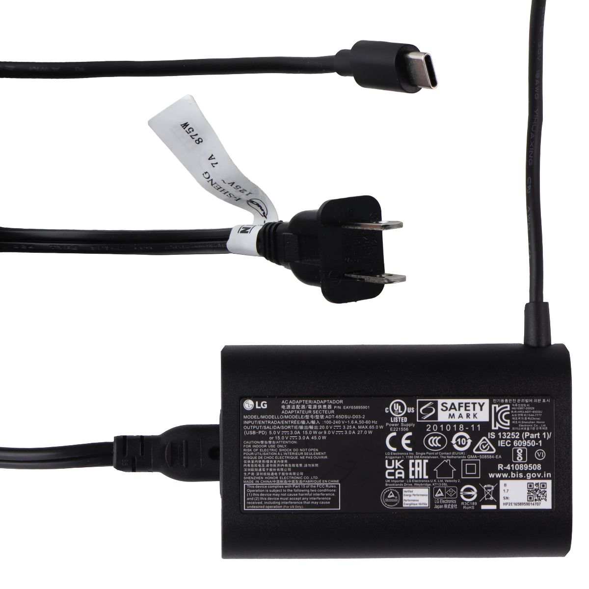 LG AC Adapter ADT-65DSU-D03-2 USB-C - Black Computer Accessories - Laptop Power Adapters/Chargers LG - Simple Cell Bulk Wholesale Pricing - USA Seller