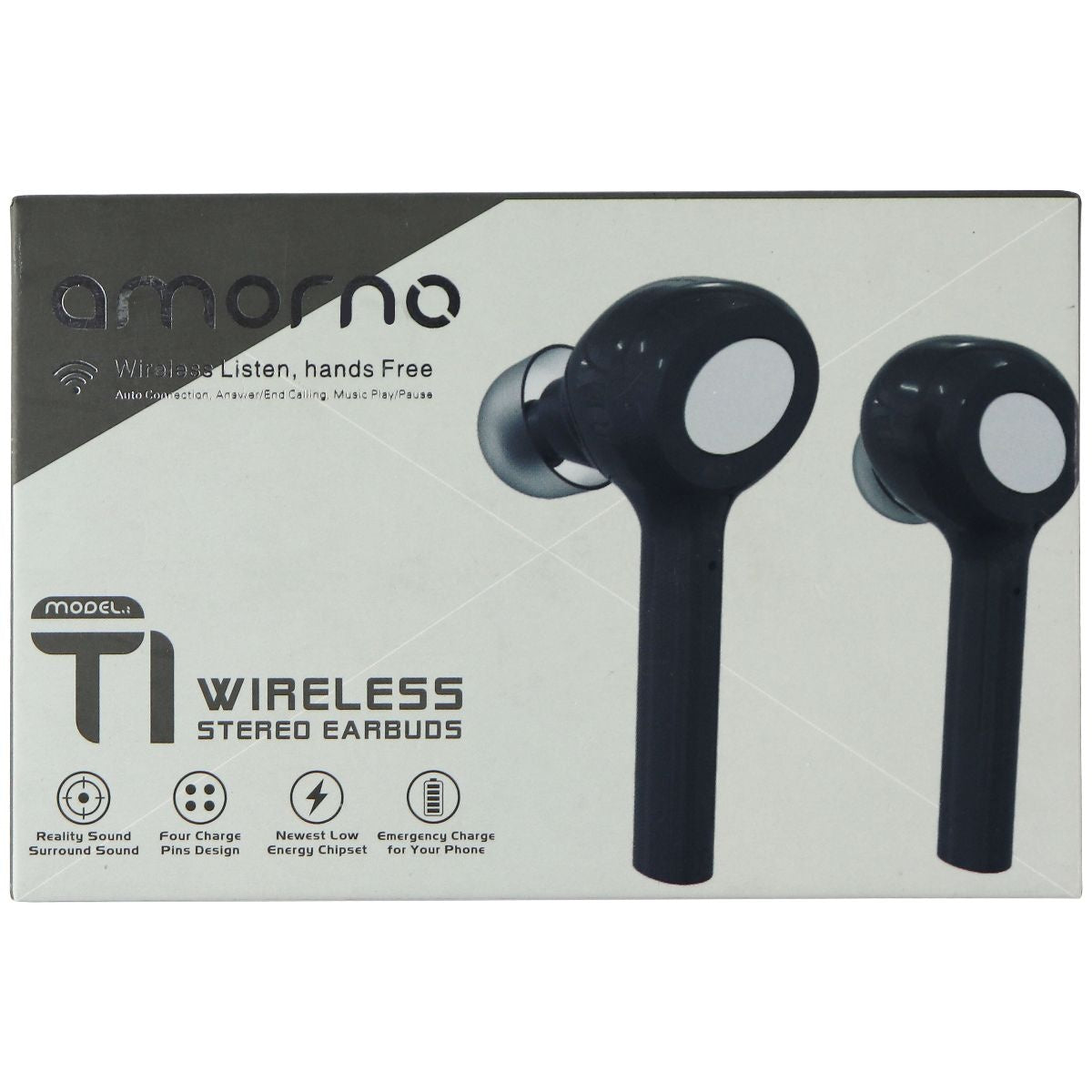 Amorno T1 Series Wireless Bluetooth Stereo Earbuds for Smartphones - Black Portable Audio - Headphones Amorno - Simple Cell Bulk Wholesale Pricing - USA Seller