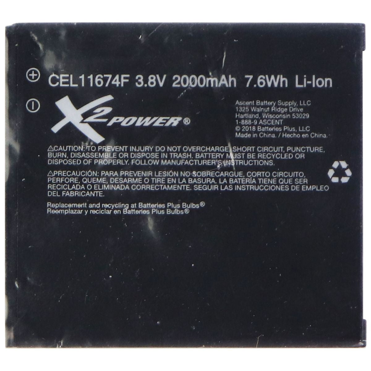 X2 Power Rechargeable Li-Ion Battery 2000mAh (CEL11674F) Cell Phone - Batteries X2Power - Simple Cell Bulk Wholesale Pricing - USA Seller