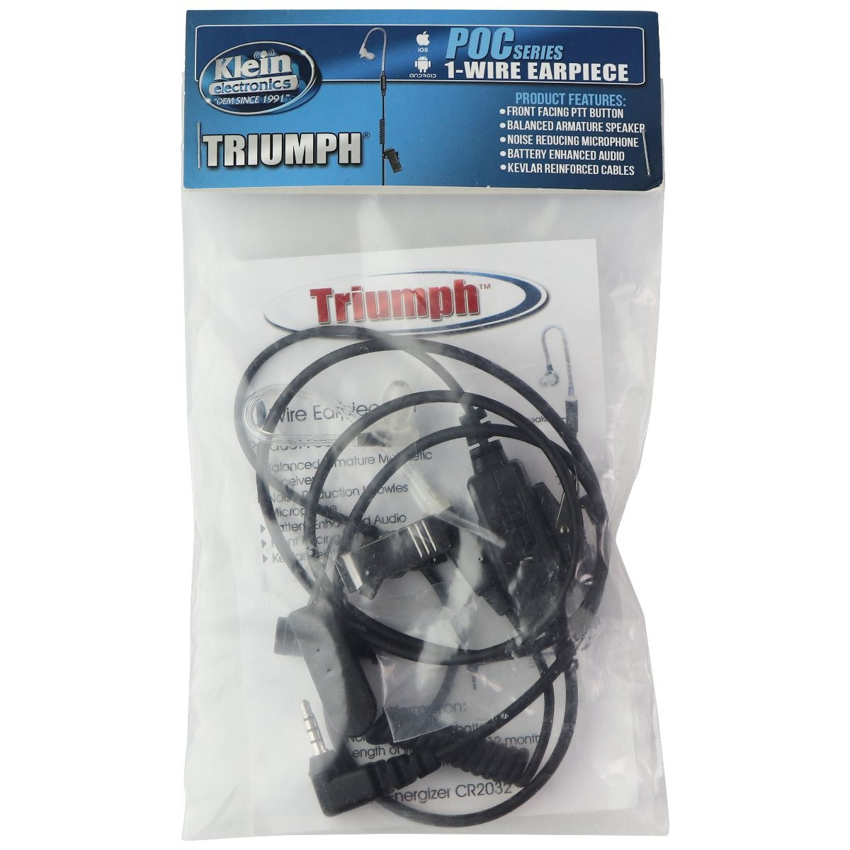 Klein Electronics - Triumph 1-Wire (3.5mm Pin) Push-to-Talk Earpiece Cell Phone - Headsets Klein Electronics - Simple Cell Bulk Wholesale Pricing - USA Seller