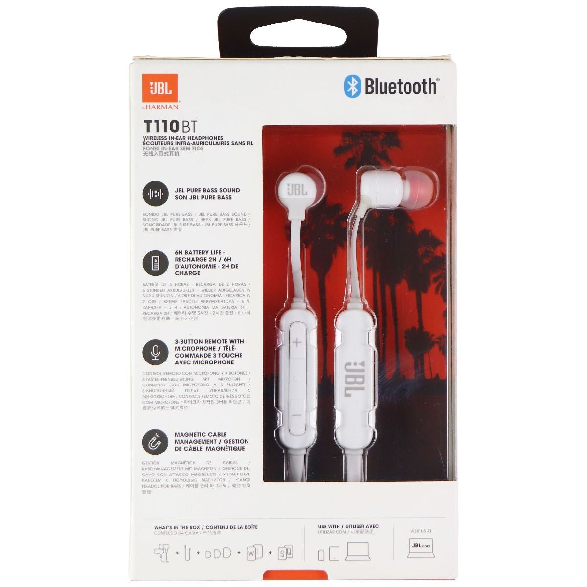 JBL T110BT Wireless In-Ear Neckband Headphones - White (JBLT110WHT) Portable Audio - Headphones JBL - Simple Cell Bulk Wholesale Pricing - USA Seller