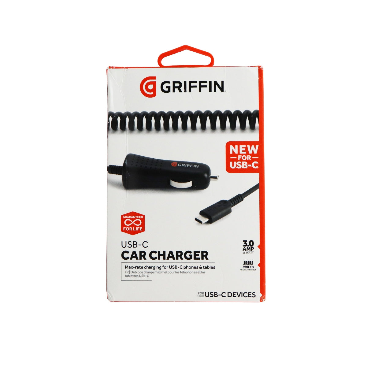 Griffin PowerJolt SE 3FT USB-C (Type C) 15W 3A Coiled Car Charger - Black Cell Phone - Chargers & Cradles Griffin - Simple Cell Bulk Wholesale Pricing - USA Seller