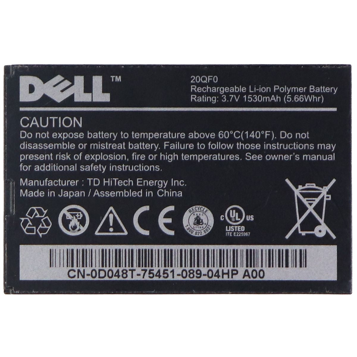Dell OEM Rechargeable 3.7V 1530mAh Battery - Black (20QF0) Cell Phone - Batteries Dell - Simple Cell Bulk Wholesale Pricing - USA Seller