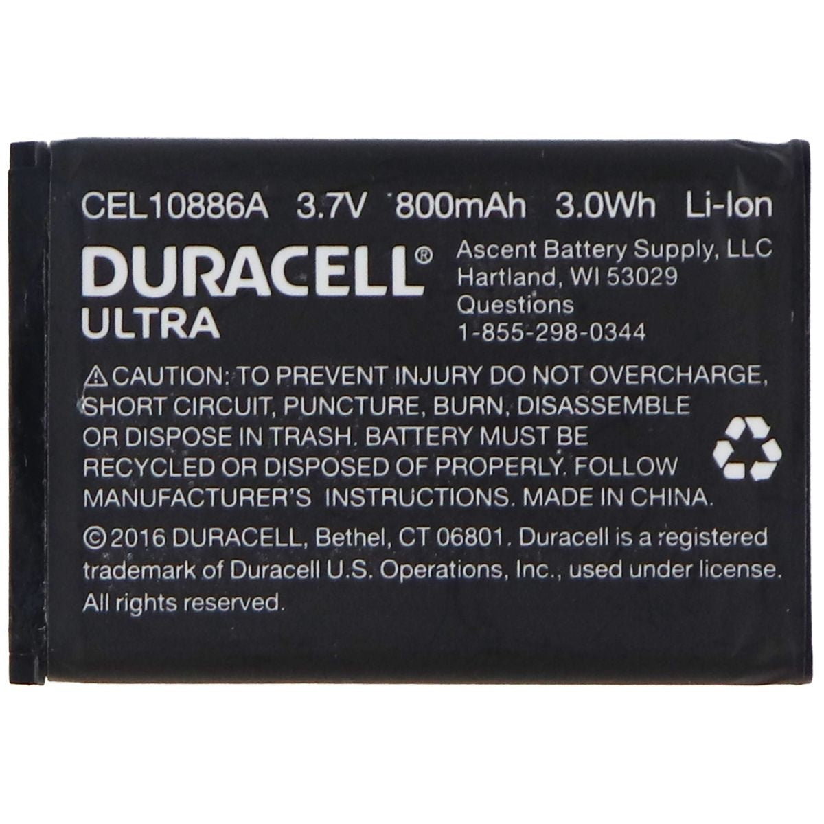 Duracell Ultra 3.7V Rechargeable 800mAh Battery - Black (CEL10886A) Cell Phone - Batteries Duracell - Simple Cell Bulk Wholesale Pricing - USA Seller