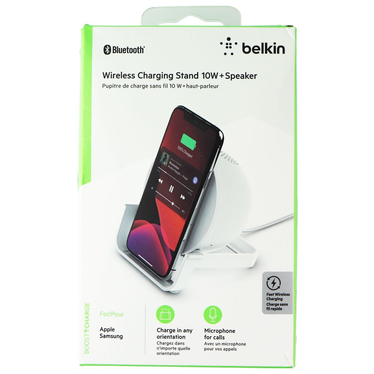 Belkin Wireless Charging Stand 10W + Speaker - White (AUF001ttWH) Cell Phone - Chargers & Cradles Belkin - Simple Cell Bulk Wholesale Pricing - USA Seller
