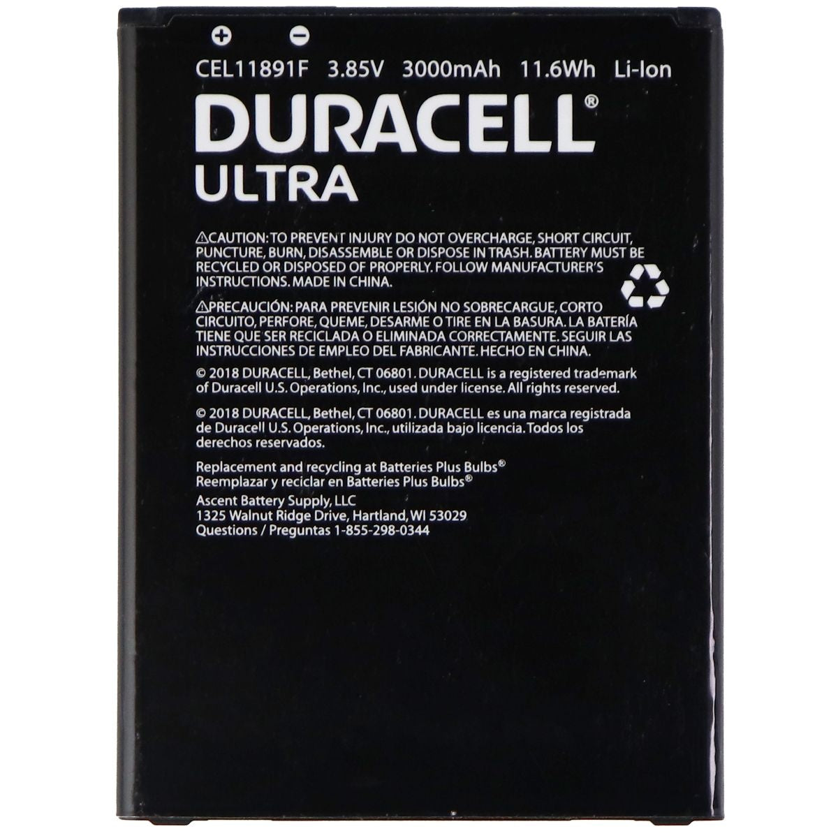 Duracell Ultra CEL11891F 3.85V 3000mAh Lithium Ion Battery for LG Cell Phone - Batteries Duracell - Simple Cell Bulk Wholesale Pricing - USA Seller