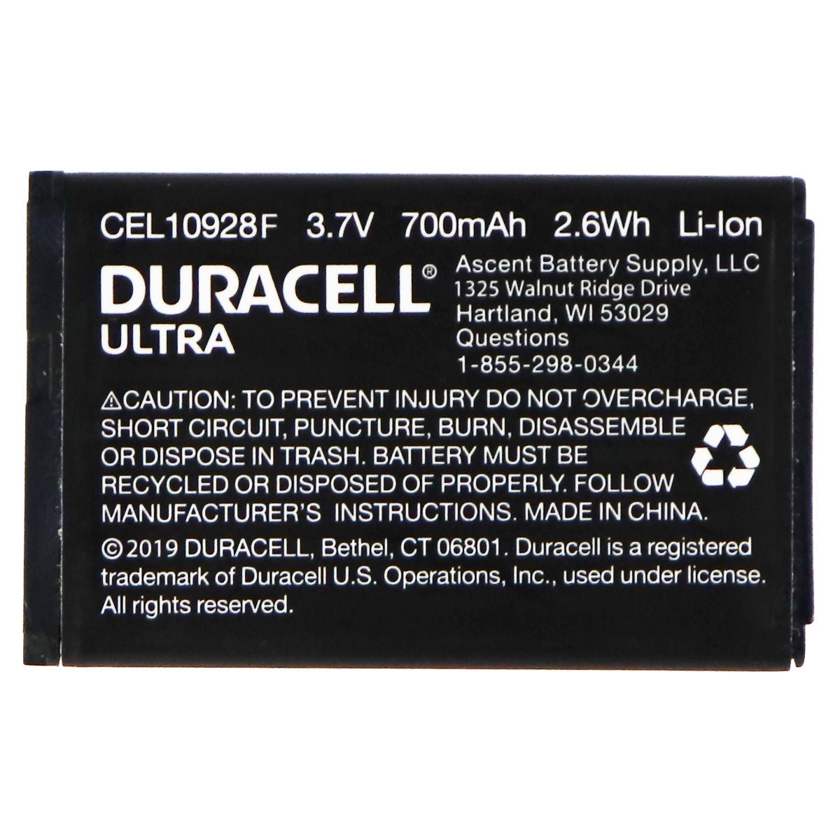 Duracell Ultra OEM Rechargeable 3.7V 700mAh Li-ion Battery - Black (CEL10928F) Cell Phone - Batteries Duracell - Simple Cell Bulk Wholesale Pricing - USA Seller