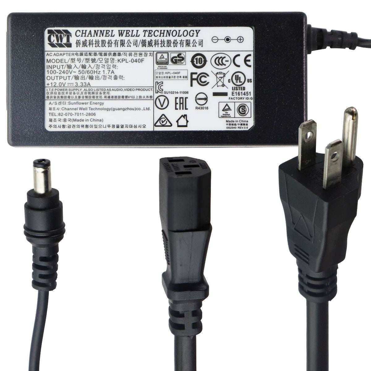 Channel Well Tech (12V/3.33A) AC Adapter Power Supply - Black (KPL-040F) Multipurpose Batteries & Power - Multipurpose AC to DC Adapters Channel Well Tech - Simple Cell Bulk Wholesale Pricing - USA Seller