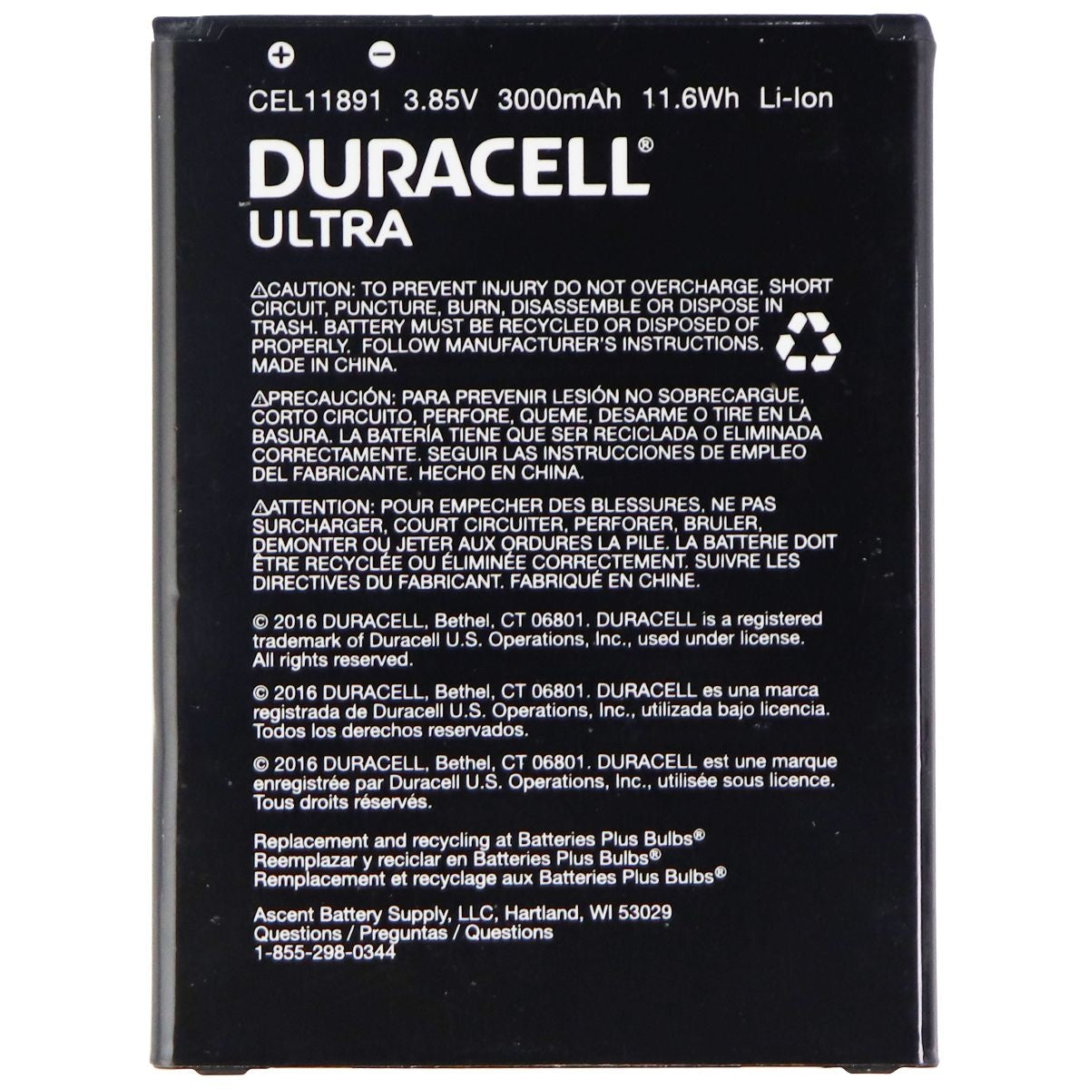 Duracell Ultra 3.85V Rechargeable 3000mAh Li-ion Battery - Black (CEL11891) Cell Phone - Batteries Duracell - Simple Cell Bulk Wholesale Pricing - USA Seller