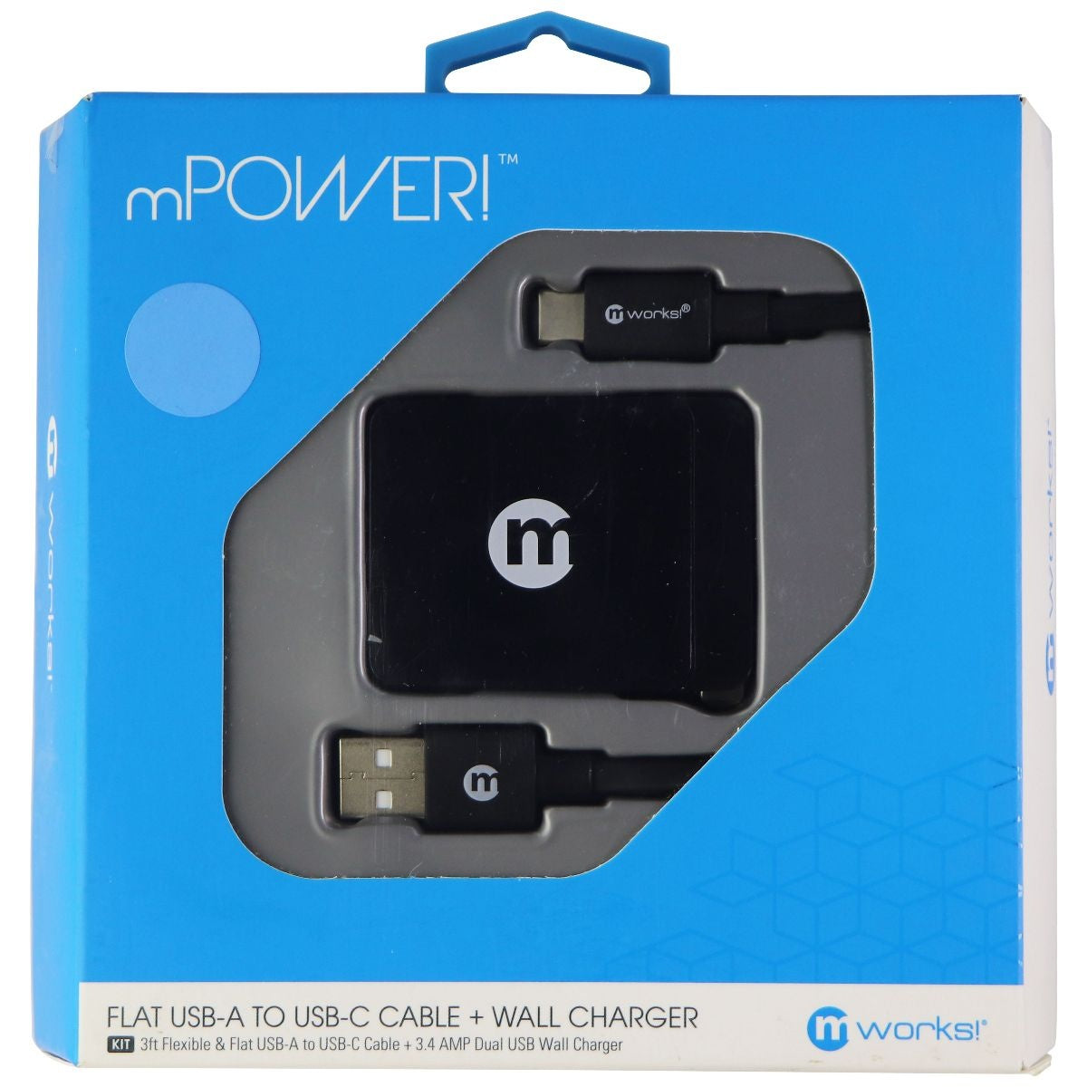mPower! (3-Foot) Flat USB-A to USB-C Cable + Dual USB 3.4A Wall Charger - Black Cell Phone - Chargers & Cradles mWorks! - Simple Cell Bulk Wholesale Pricing - USA Seller