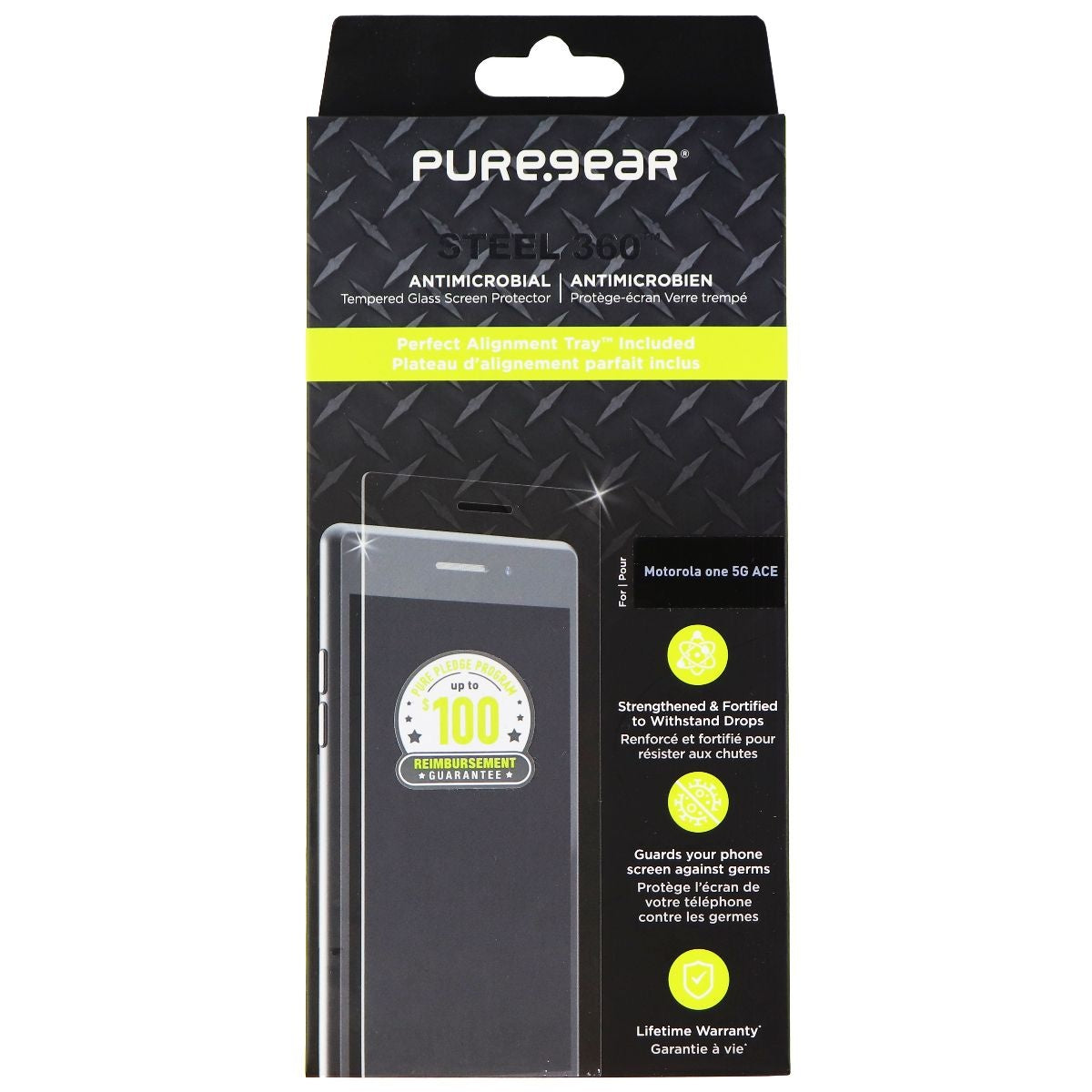 PureGear Steel 360 Tempered Glass + Install Tray for Motorola One 5G Ace - Clear Cell Phone - Screen Protectors PureGear - Simple Cell Bulk Wholesale Pricing - USA Seller