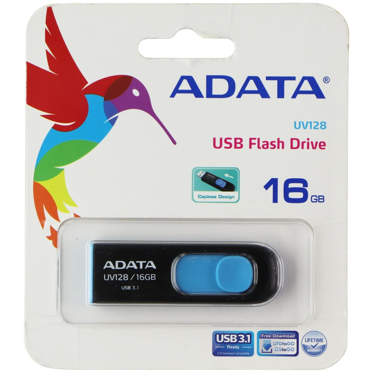 ADATA UV128 16GB USB 3.0 Retractable Capless Flash Drive, Blue (AUV128-16G-RBE) Digital Storage - USB Flash Drives ADATA - Simple Cell Bulk Wholesale Pricing - USA Seller