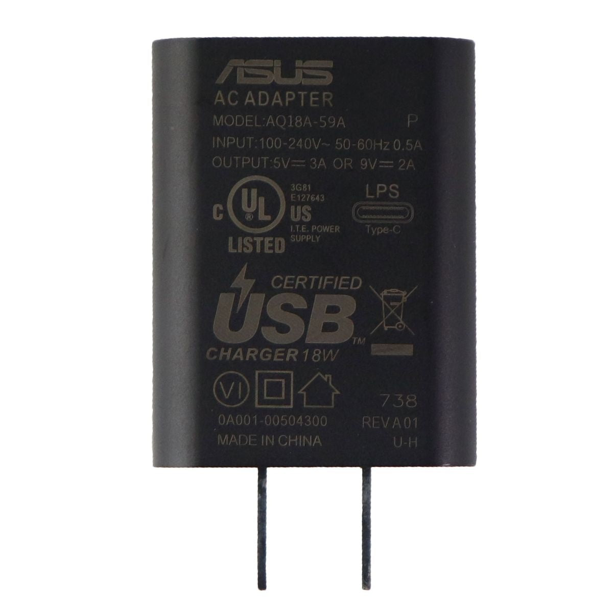 ASUS 18-Watt AC Adapter Single (USB-C) Type C Wall Charger - Black (AQ18A-59A) Cell Phone - Chargers & Cradles ASUS - Simple Cell Bulk Wholesale Pricing - USA Seller