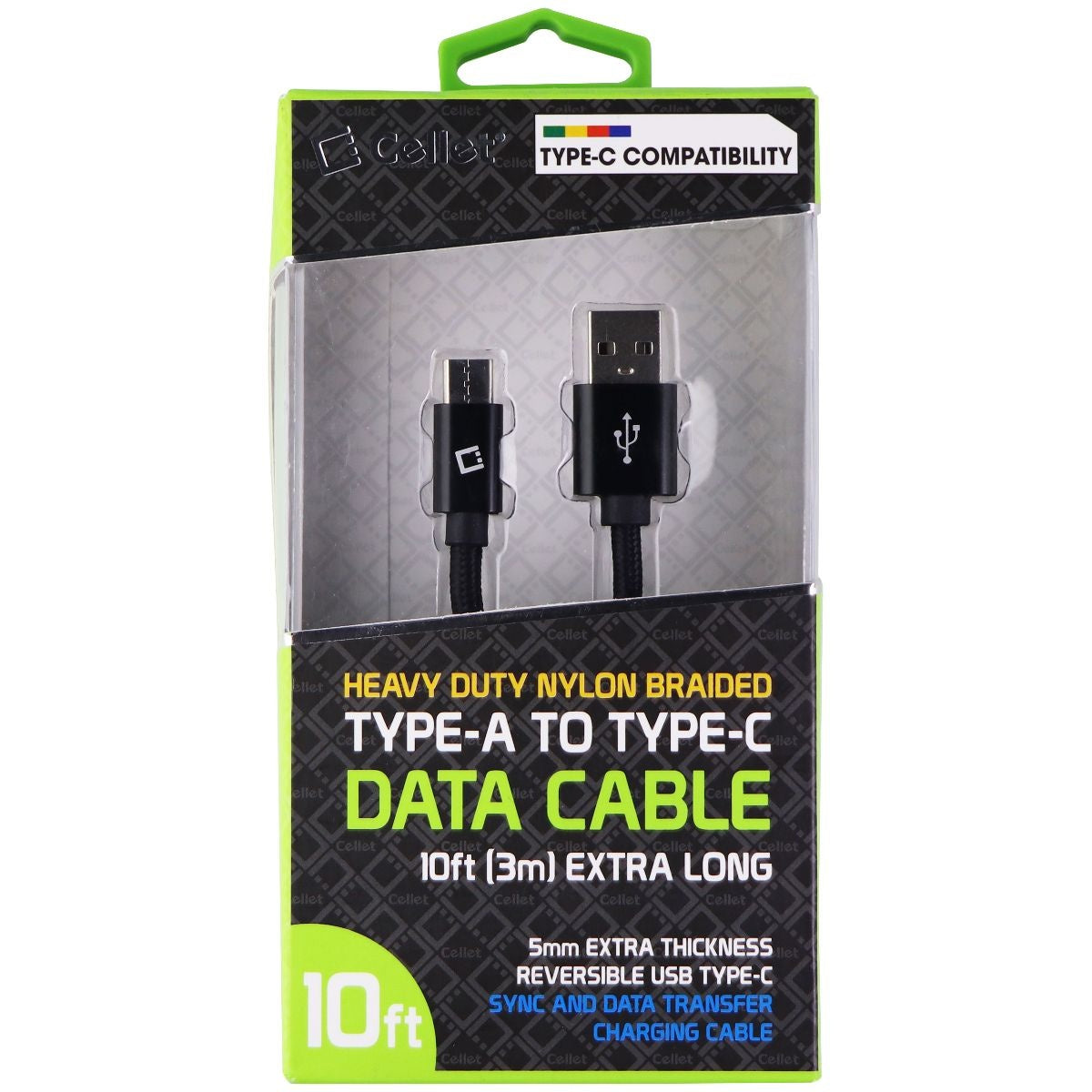Cellet Heavy Duty Nylon Braided 10ft USB-A to USB-C Data Cable - Black Cell Phone - Cables & Adapters Cellet - Simple Cell Bulk Wholesale Pricing - USA Seller