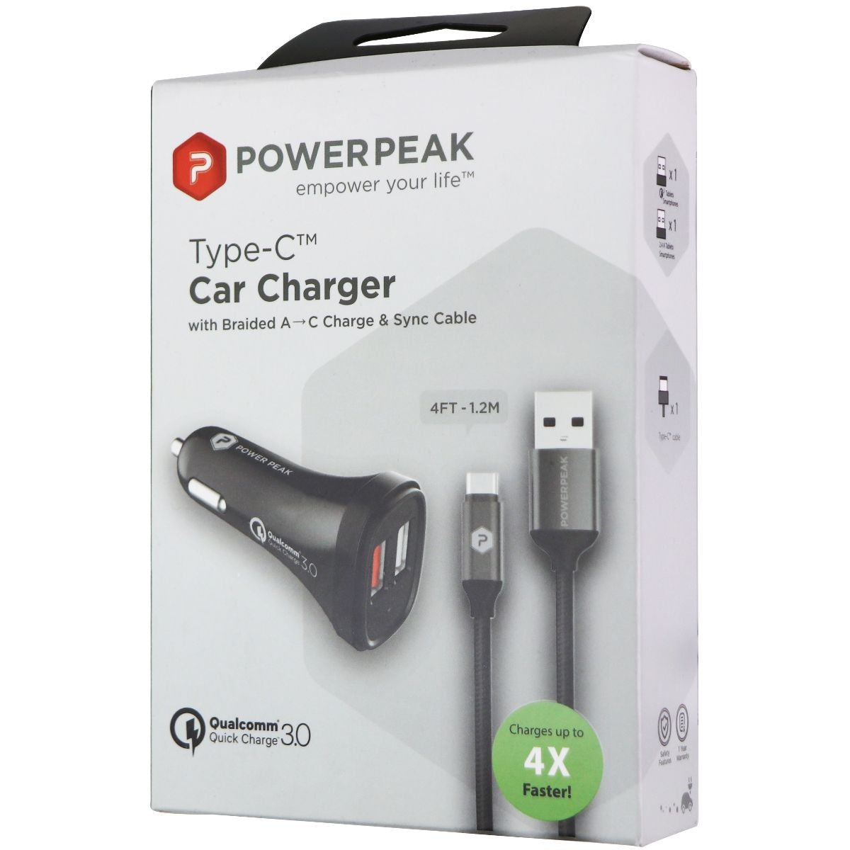 PowerPeak QC 3.0 Dual USB Car Charger with 4Ft Braided USB-C Cable - Black Cell Phone - Chargers & Cradles PowerPeak - Simple Cell Bulk Wholesale Pricing - USA Seller