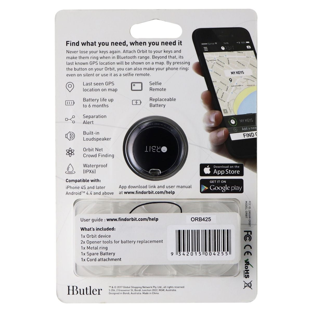 Orbit Bluetooth Key Finder & Selfie Remote with Smart App - Black (ORB425) Cell Phone - Other Accessories Orbit - Simple Cell Bulk Wholesale Pricing - USA Seller