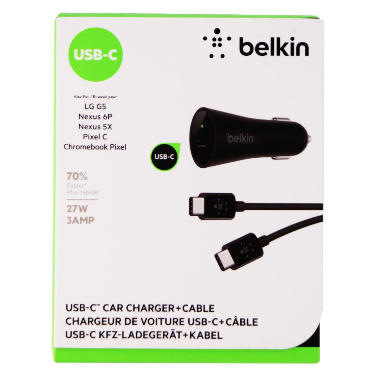 Belkin 27W/3A USB-C Car Charger & (USB-C to USB-C) 4-Ft Cable - Black Cell Phone - Chargers & Cradles Belkin - Simple Cell Bulk Wholesale Pricing - USA Seller