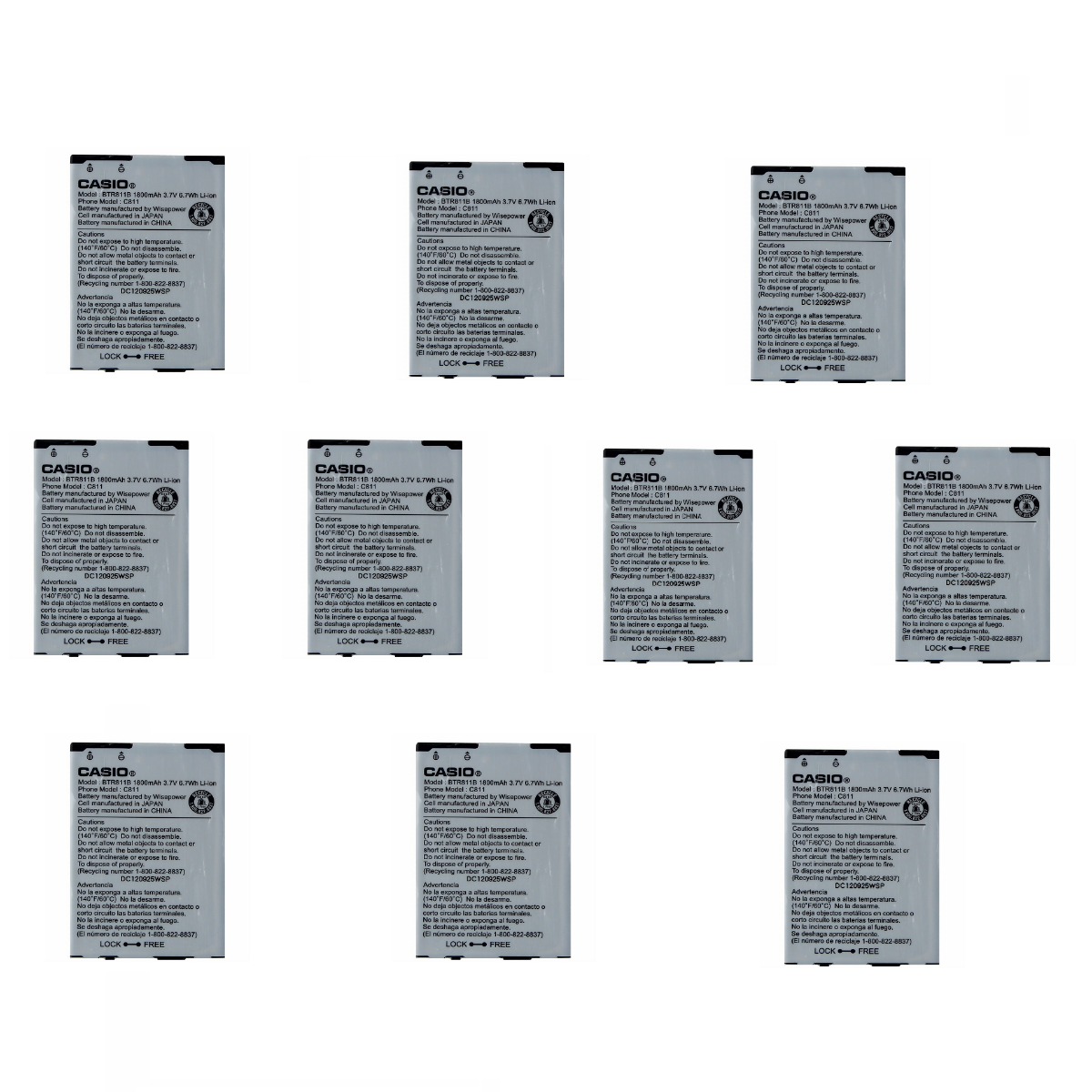 KIT 10x Casio BTR811B 1800mAh Replacement Battery for GzOne Commando 4g Cell Phone - Batteries Casio - Simple Cell Bulk Wholesale Pricing - USA Seller