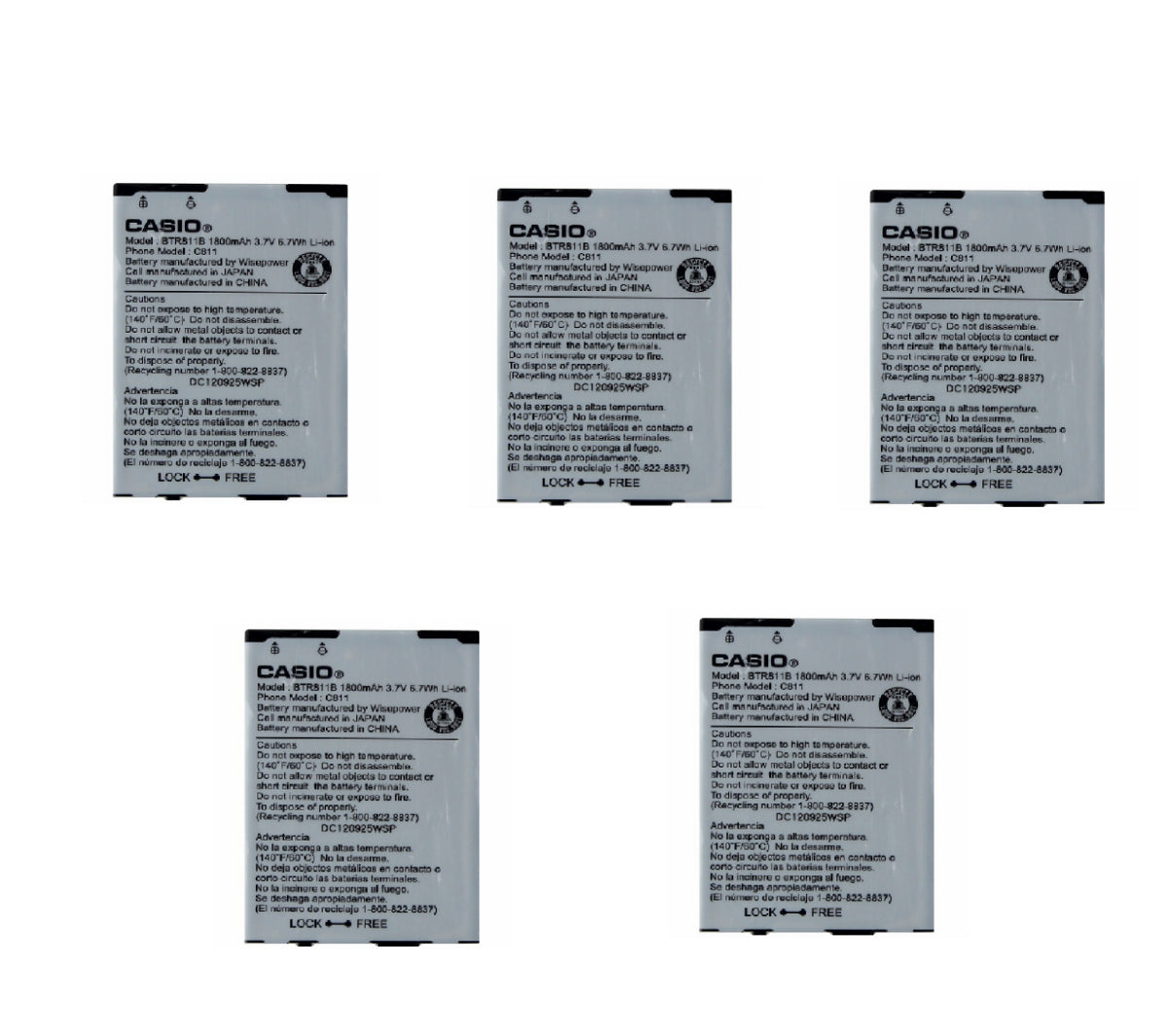 KIT 5x Casio BTR811B 1800mAh Replacement Battery for GzOne Commando 4g Cell Phone - Batteries Casio - Simple Cell Bulk Wholesale Pricing - USA Seller