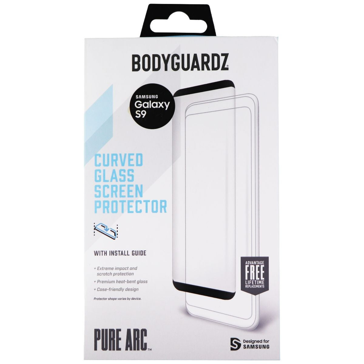 BodyGuardz Pure Arc Curved Glass Screen Protector for Samsung Galaxy S9 - Clear Cell Phone - Screen Protectors BODYGUARDZ - Simple Cell Bulk Wholesale Pricing - USA Seller