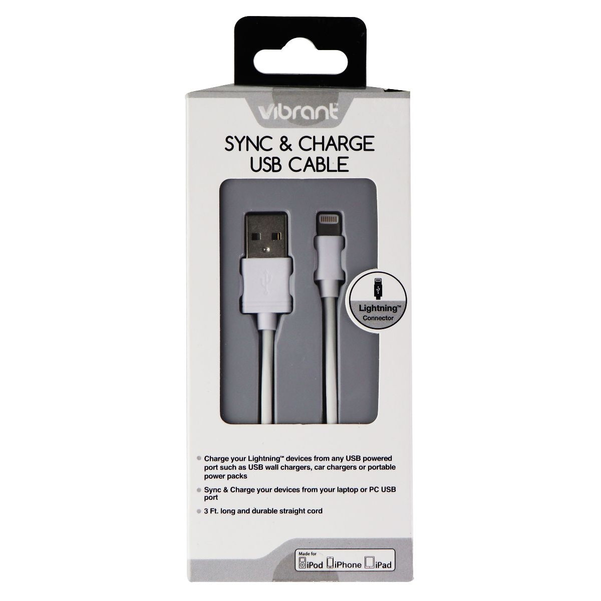 Vibrant (VB-SYLCWH) 3Ft Sync & Charge Cable for iPhones - White Cell Phone - Cables & Adapters Vibrant - Simple Cell Bulk Wholesale Pricing - USA Seller